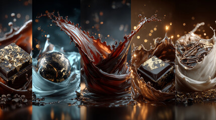 chocolate splashes set, isolated design elements, 3d illustration