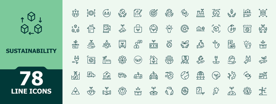 Sustainability icon set in linear style. Trendy minimal icons. Editable stroke. Earth icon set. Containing earth, eco, ecology, environment, environmental and more.