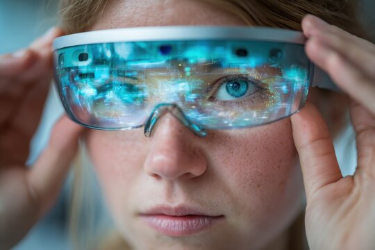 A close up of a girl with freckles using augmented reality glasses for a virtual experience, with digital data reflected in the lenses, future of tech concept.