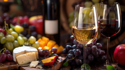 Sophisticated wine tasting setup featuring assorted fruits and cheeses, creating an elegant and refined culinary experience...