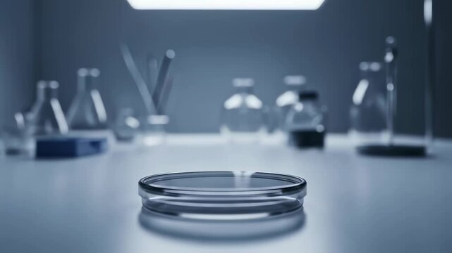 Empty petri dish on a laboratory table with blurred scientific equipment in the background, medical research.