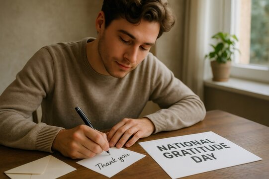 Young man writing a thank you note on National Gratitude Day, celebrating thankfulness and appreciation - Powered by Adobe