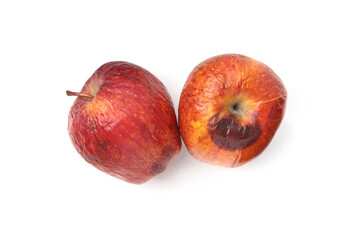 Rotten apples isolated on white, top view
