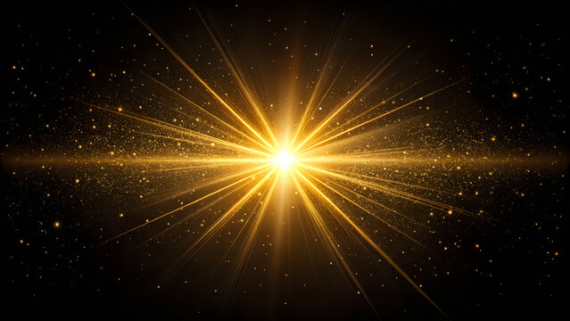 Golden sun rays bursting through darkness, high-quality lens flare effect on deep black background.