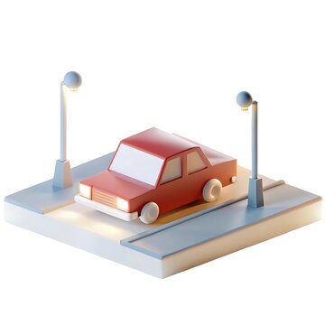 Red car low poly illustration isometric view transportation auto vehicle street lights design render