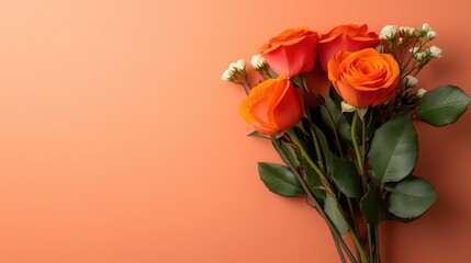 A bouquet of orange roses on a coral background