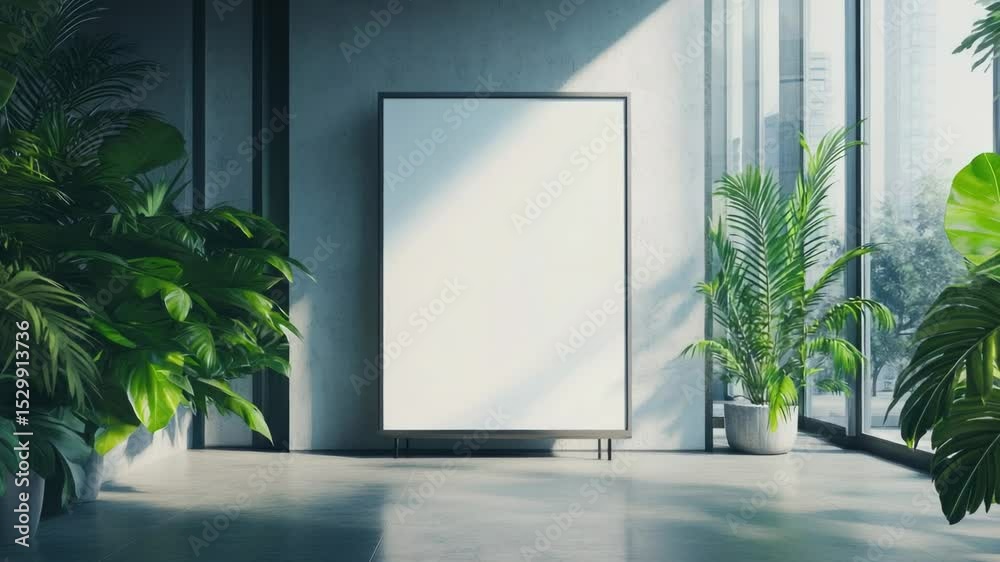 Poster a decorative picture frame sits on a shelf surrounded by potted plants, perfect for displaying a fav