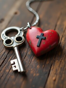 A key and a heart are placed on a wooden surface. The key is silver and has a black cross on it. The heart is red and has a rusted appearance. Concept of love and warmth