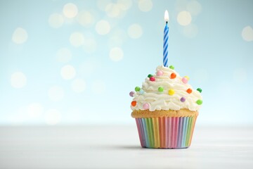 Burning candle in cupcake on table against blue background with blurred lights. Space for text
