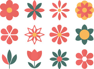 Twelve diverse flat design flower icons set, vibrant floral spring collection for celebrations