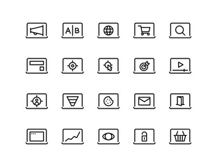 Digital Marketing Vector Icon Set | Adjustable Line Weight | Target, conversion, email, analytics, e-commerce, campaign, SEO, SEM, security, cookie, user, tracking icons
