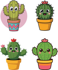 Collection of cute cartoon potted cacti with smiling faces, happy succulent plant collection