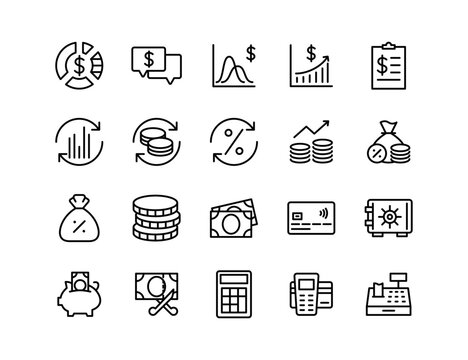Economy Vector Icon Set | Adjustable Line Weight | Budget, profit, savings, investment, currency, banking, growth, finance, exchange, payment, chart, economy icons