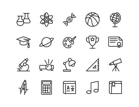 School Vector Icon Set | Adjustable Line Weight | Chemistry, science, math, art, sports, books, award, globe, education, learning, microscope, astronomy, projector, tools icons