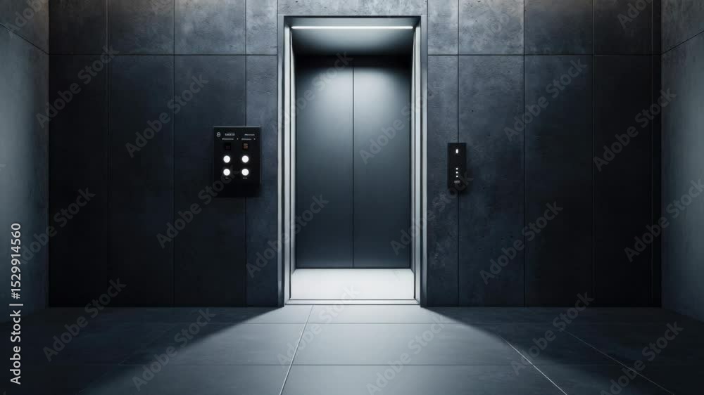 Poster a partially opened elevator door in a dark room with unknown surroundings