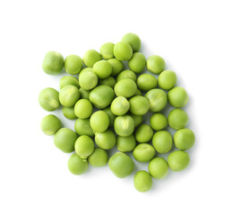 Pile of fresh green peas isolated on white, top view