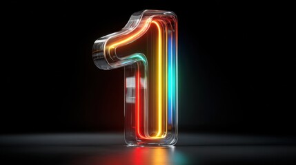 A large transparent numeral one glows with bright neon colors, showcasing shades of yellow, orange, green, and red against a solid black backdrop, creating an energetic ambiance.