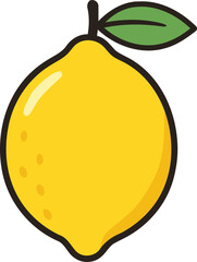 Bright yellow lemon cartoon with green leaf and stem, fresh citrus fruit illustration