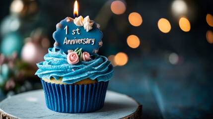 A blue and jade-toned cupcake with a candle and space for a logo replaces traditional rose decorations. 