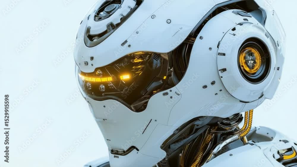 Poster close-up view of a robot's head with bright yellow lights