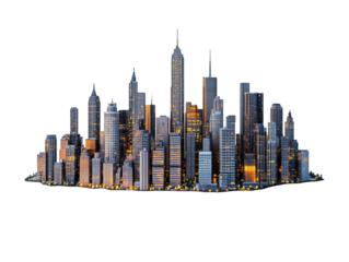 A modern city skyline at night.