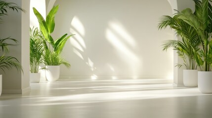 A bright, sunlit interior space with lush greenery
