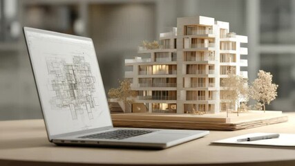  Detailed wooden architecture scale model beside technical drawings on presentation table - Powered by Adobe