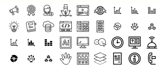 Collection of diverse line icons related to business, technology, and marketing