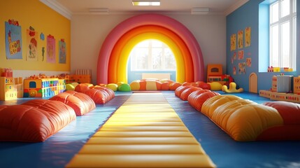 Colorful kids' playroom with rainbow arch