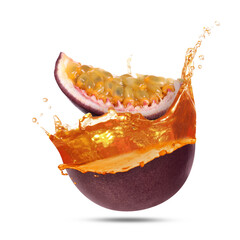 Tasty passion juice splashing out from cut fruit in air on white background