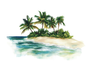 Watercolor illustration of a tropical island.