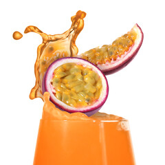 Tasty passion juice splashing out of glass and cut fruit on white background