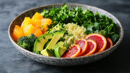 Colorful, healthy bowl with quinoa, greens, fruit & avocado