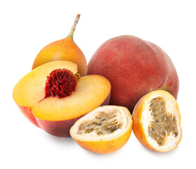 Tasty ripe passion and peach fruits on white background