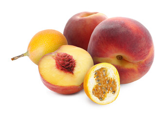 Tasty ripe passion and peach fruits on white background