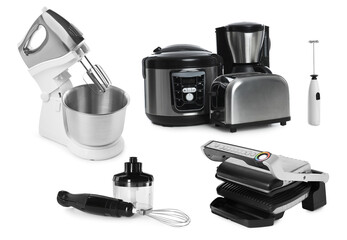 Stand mixer and other household appliances isolated on white, set