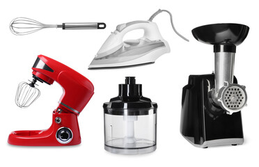 Stand mixer and other household appliances isolated on white, set