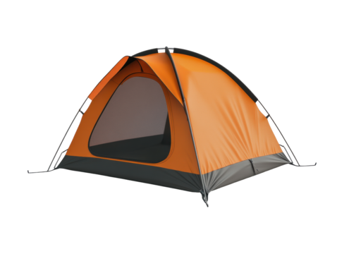 Orange camping tent against a black background.