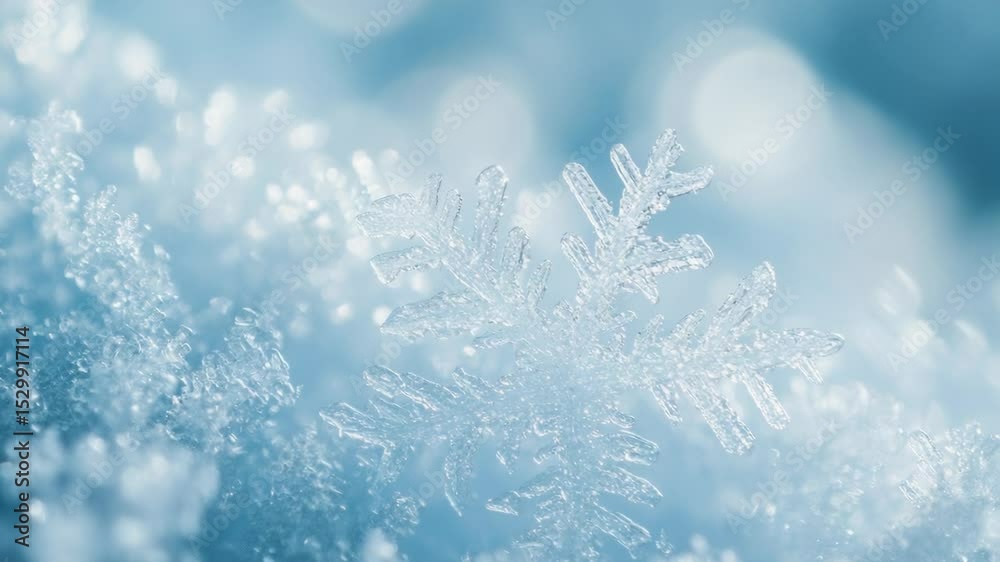 Poster close-up shot of a single snowflake against a bright blue background