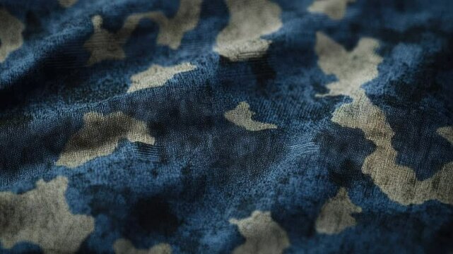 High-quality image of blue camouflage fabric in close-up view, ideal for use in military-themed designs, outdoor apparel, or camouflage patterns