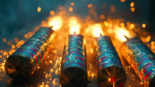 A close-up view of a bunch of fire crackers on a table, perfect for use in scenes where fireworks are being prepared or in displays about festive celebrations