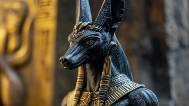 A statue of Anubis against a golden backdrop.