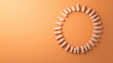 A circle of light peach-colored, bottle-shaped objects arranged on a soft orange background.  Simple, minimalist design