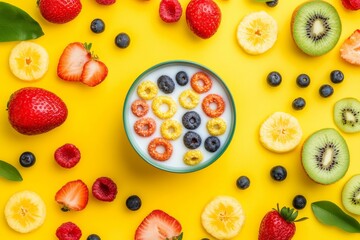 Colorful cereal and fresh fruit arrangement on yellow background