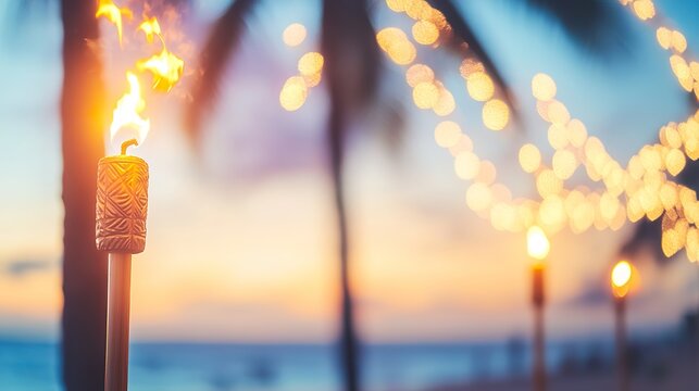 Beachside sunset with tiki torches and string lights at Hawaiian Luau party show