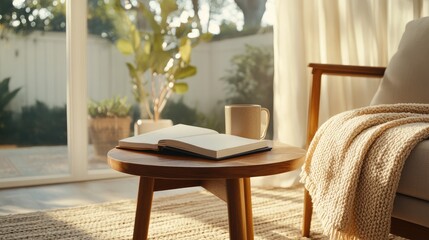 A cozy corner with a book and a warm blanket. Sunlight streams into a modern living space, highlighting a small wooden table with a book and a mug