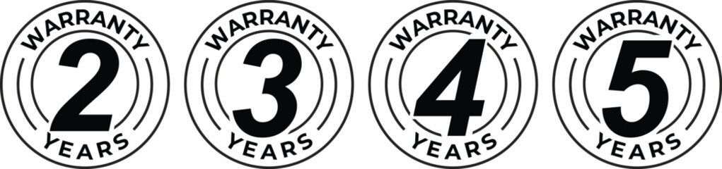 Warranty logo in zig zag circle with 2 years, 3 years, 4 years and 5, years warranty stamp or sticker with stars in black color.
