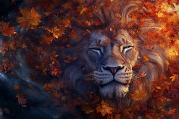 Majestic lion head surrounded by vibrant autumn leaves