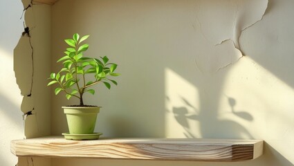 Small green potted plant placed on light wooden shelf against textured white wall under soft daylight 