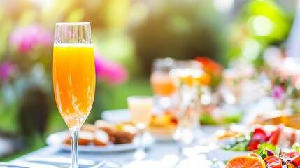 Refreshing outdoor brunch with mimosa and colorful spread